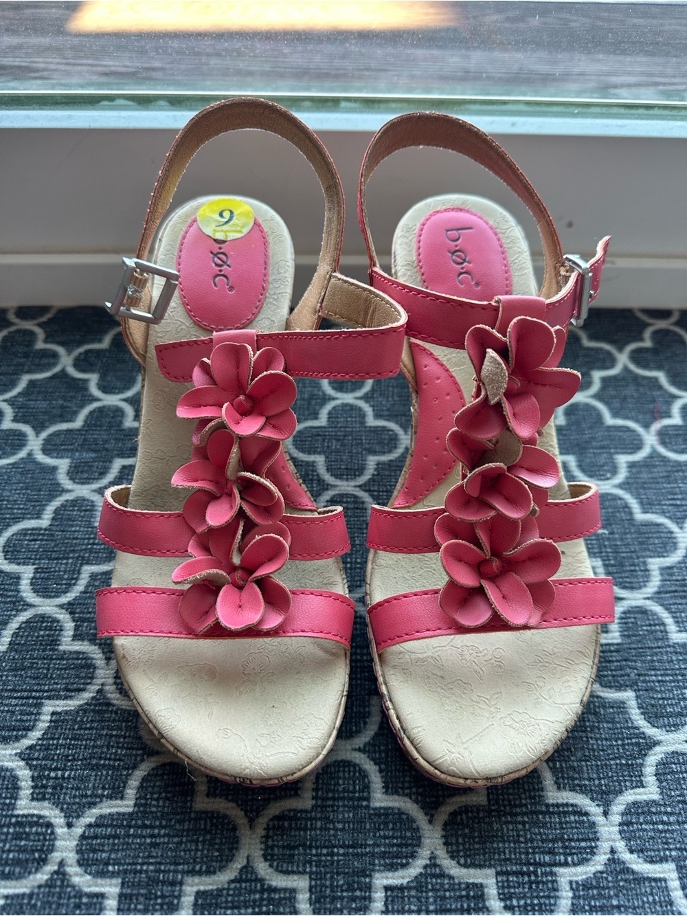b.o.c. Pink Coral Evita Floral T-Strap Sandals with Ankle Buckle- size 9